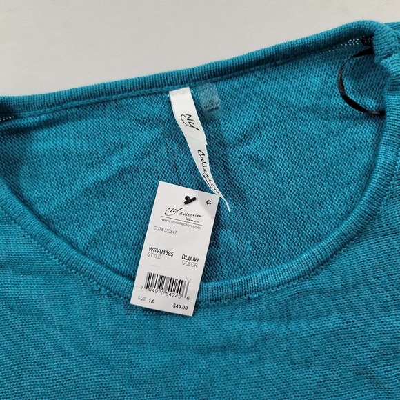 NY Collection Ruffled Sheer Pullover Sweater Womens Plus 1X Blue Teal - Picture 4 of 7